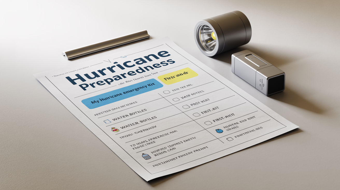 An overhead shot of a polished hurricane preparedness worksheet on a white background. The worksheet features sections for an emergency kit checklist and reflections, with some fields filled out. A pen and a flashlight are placed neatly beside it.