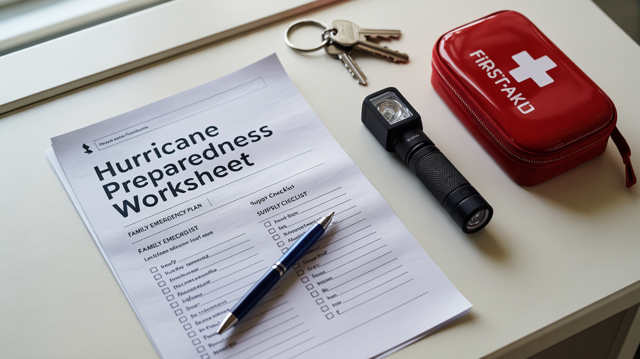 A hurricane preparedness worksheet with checklists for supplies and emergency plans, shown on a white background with a flashlight and first-aid kit nearby.