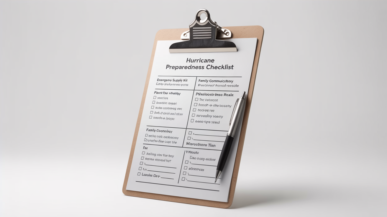 A mockup of a hurricane preparedness worksheet on a clipboard against a white background, featuring a clean layout and a checklist for emergency supplies and plans.