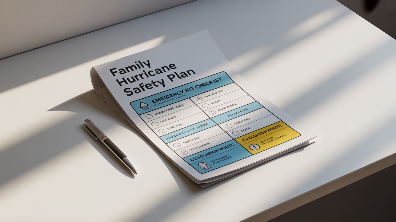 A mockup of a 'Family Hurricane Safety Plan' worksheet showing checklists for supplies and evacuation, presented on a clean white background.