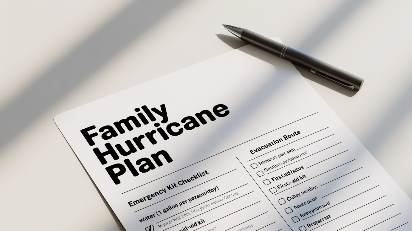 A top-down view of a hurricane preparedness checklist lying on a white surface with a black pen beside it. The checklist has sections for an emergency kit and an evacuation route.