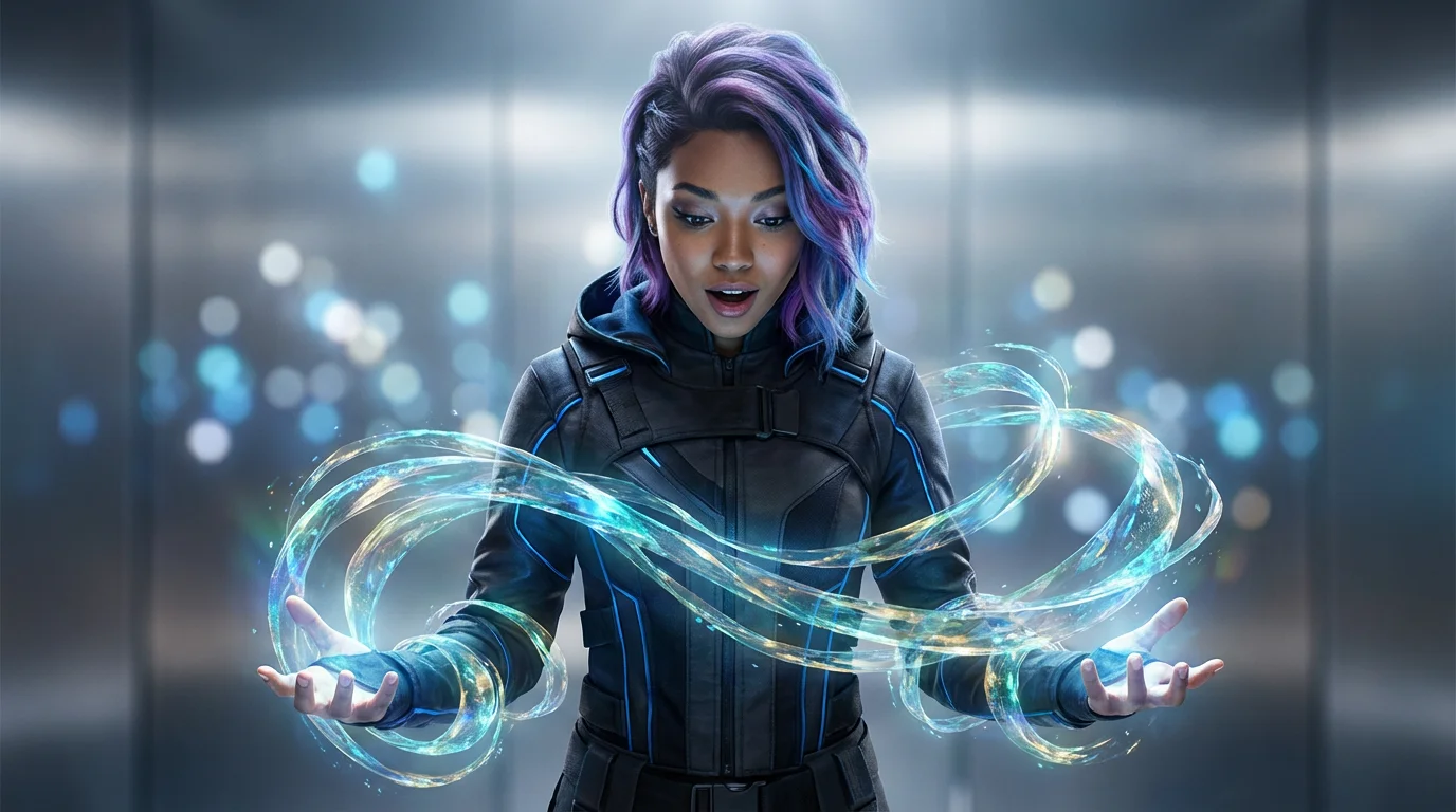 A hero image showing the result of a quirk generator: a young woman with vibrant hair looks in awe at her hands as swirling ribbons of iridescent energy manifest around her in a futuristic setting.