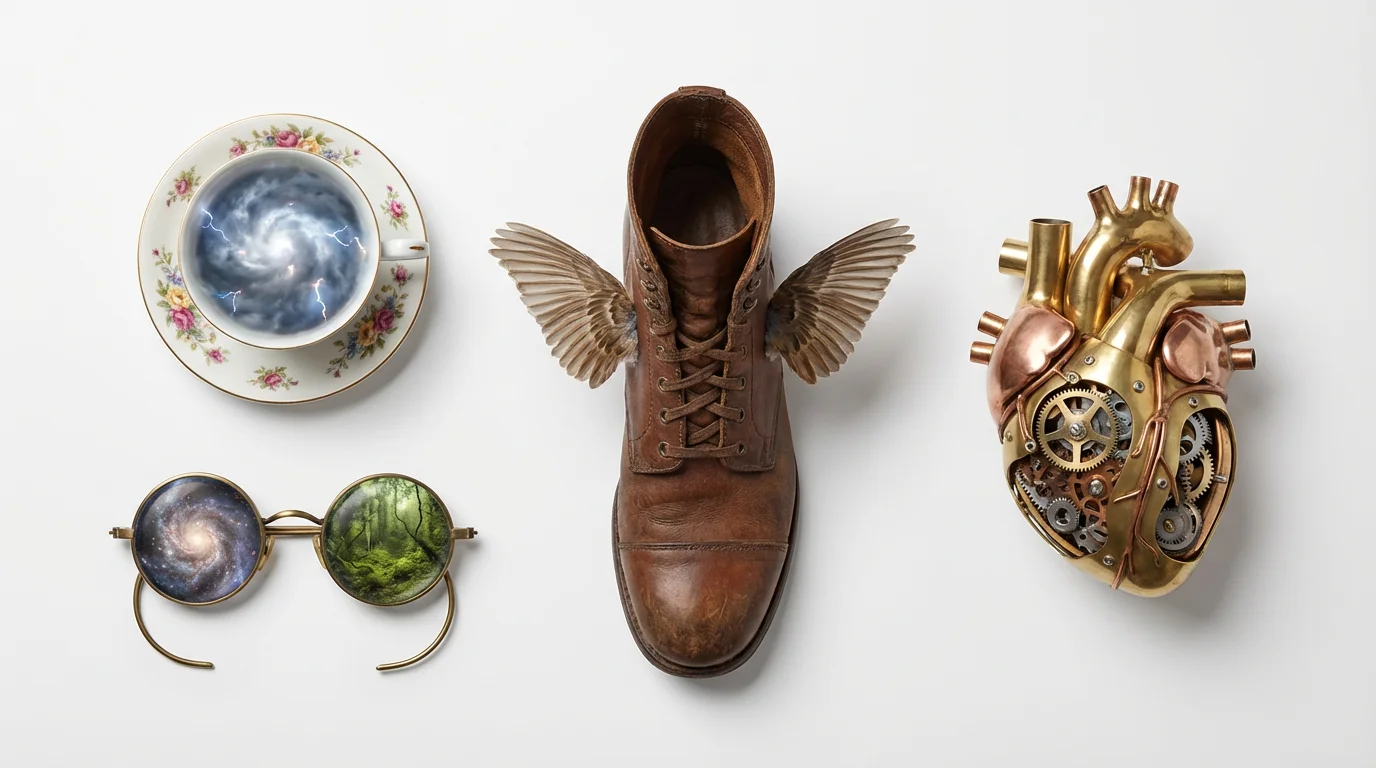 A collection of quirky objects on a white background, including a boot with wings, a teacup with a storm inside, and a mechanical heart, symbolizing character quirks.