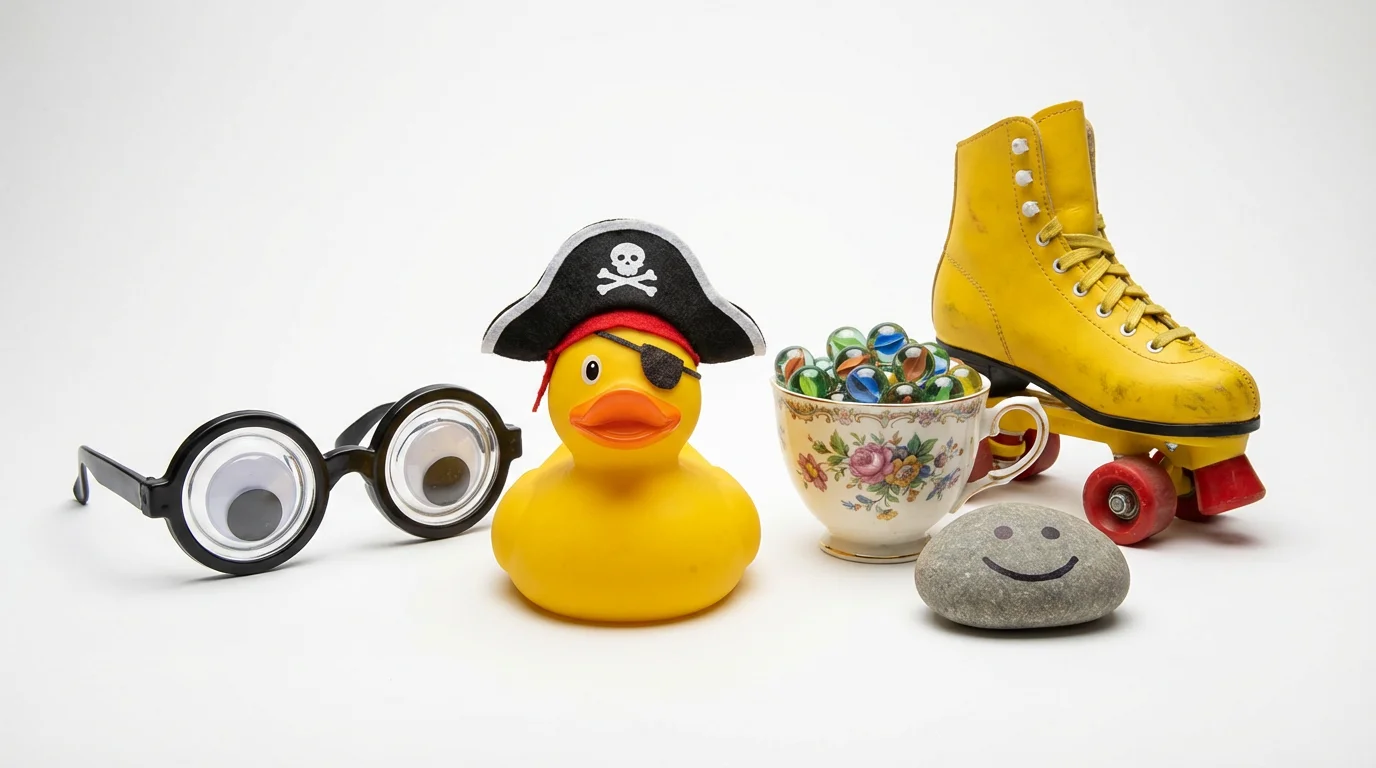 A collection of quirky items on a white background, including a rubber duck with a pirate hat, googly-eye glasses, and a teacup full of marbles, representing a quirk generator.