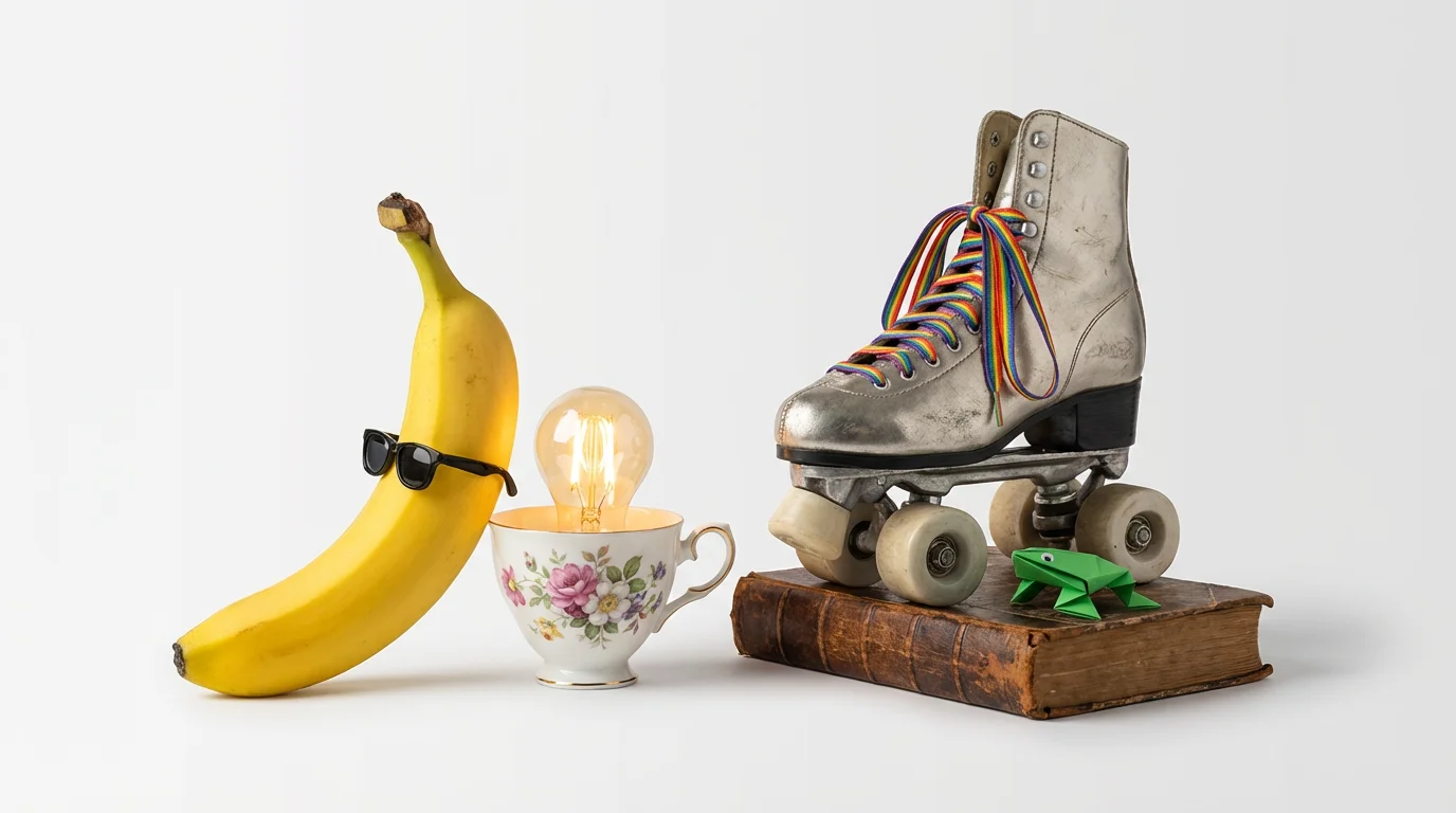 A whimsical collection of objects against a white background representing a quirk generator, featuring a banana in sunglasses, a teacup with a lightbulb, a roller skate, and an origami frog.