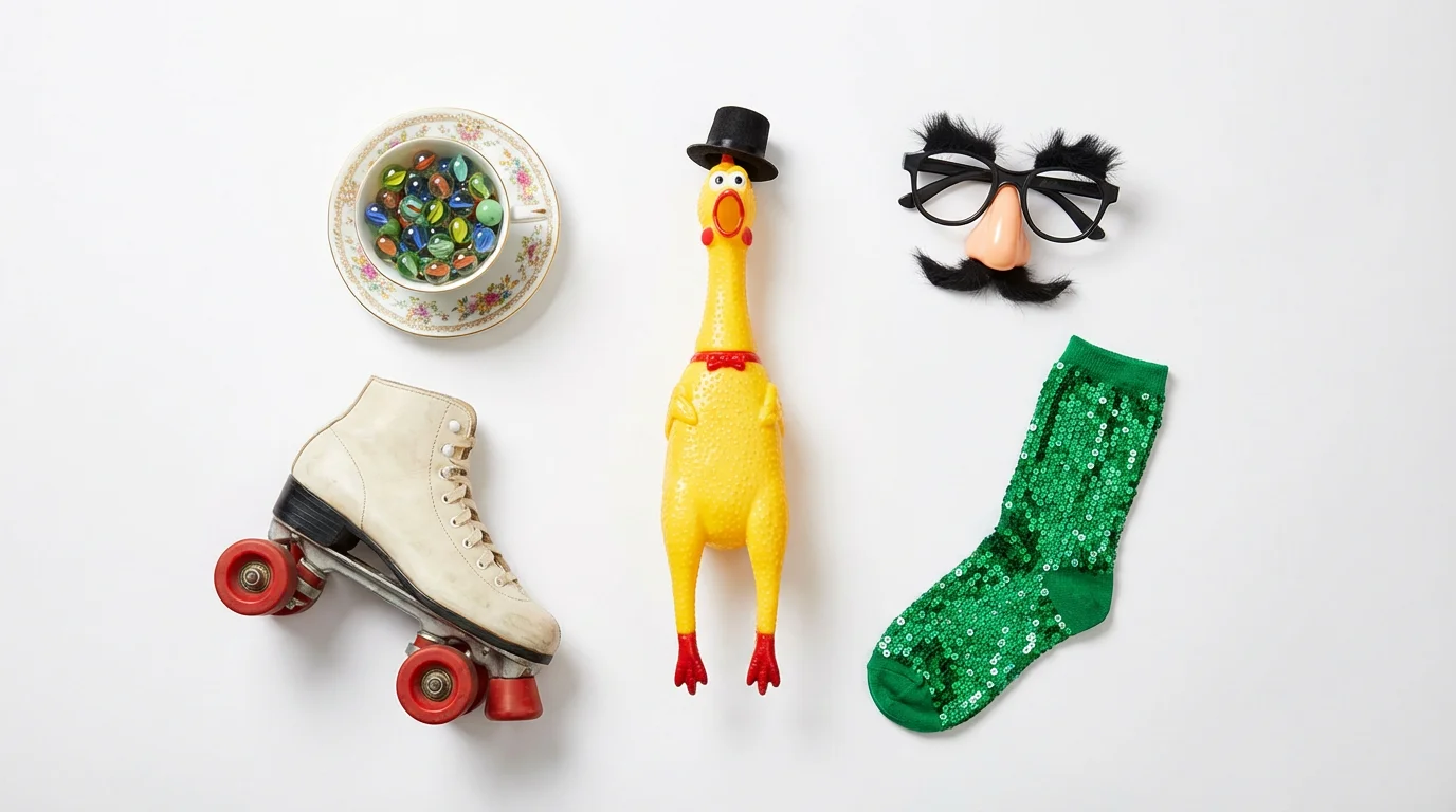 A whimsical collection of quirky objects on a white background, including a rubber chicken in a top hat, a roller skate, and a teacup full of marbles, symbolizing a quirk generator.