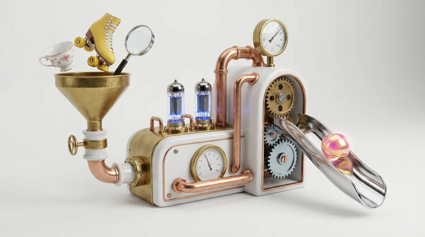 A whimsical, brightly lit machine on a white background, designed to generate quirks. It features a brass funnel with a teacup and roller skate going in, and a glowing orb of light coming out the other side.