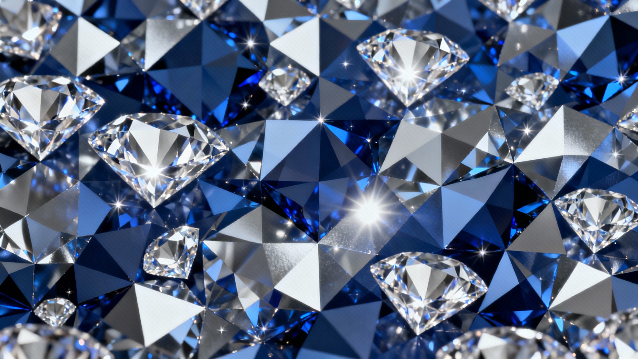 An elegant, abstract background with a geometric pattern of shimmering, faceted diamonds in shades of blue and silver, suitable for a hero image.