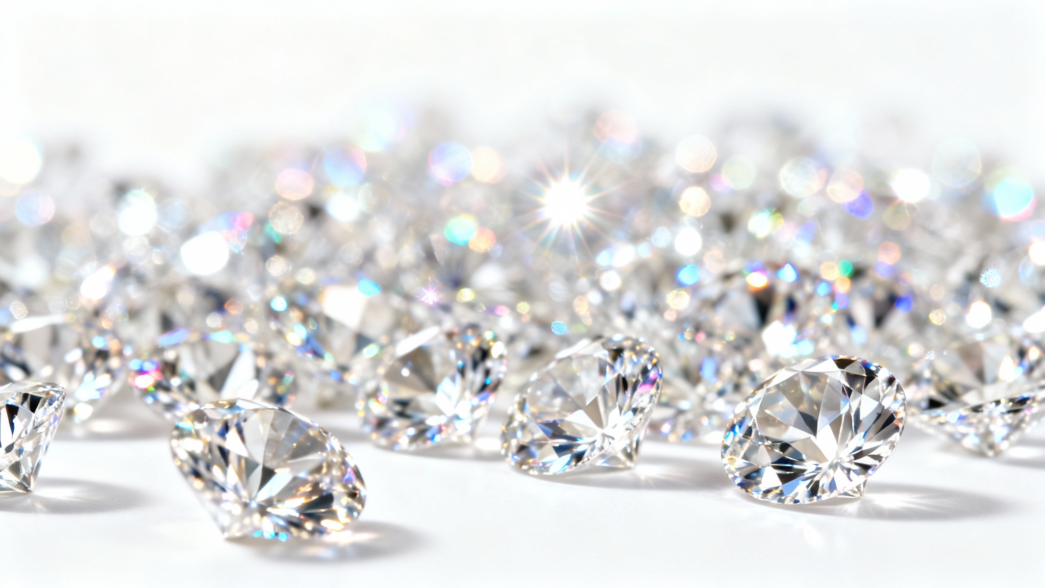 A luxurious macro photograph of a background covered in sparkling diamonds, with a few gems in sharp focus and the rest creating a beautiful blurred bokeh effect against a white background.