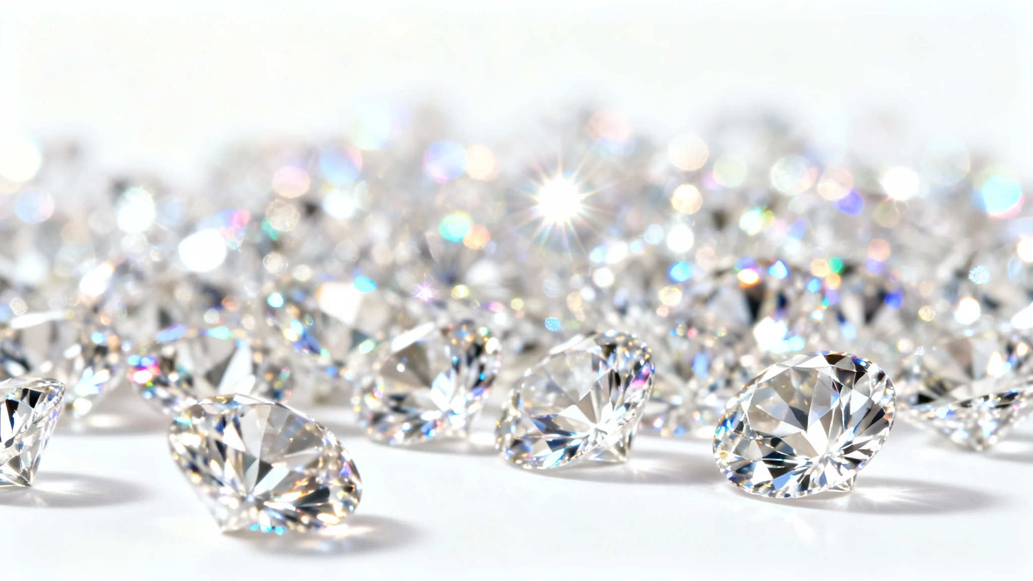 A luxurious macro photograph of a background covered in sparkling diamonds, with a few gems in sharp focus and the rest creating a beautiful blurred bokeh effect against a white background.