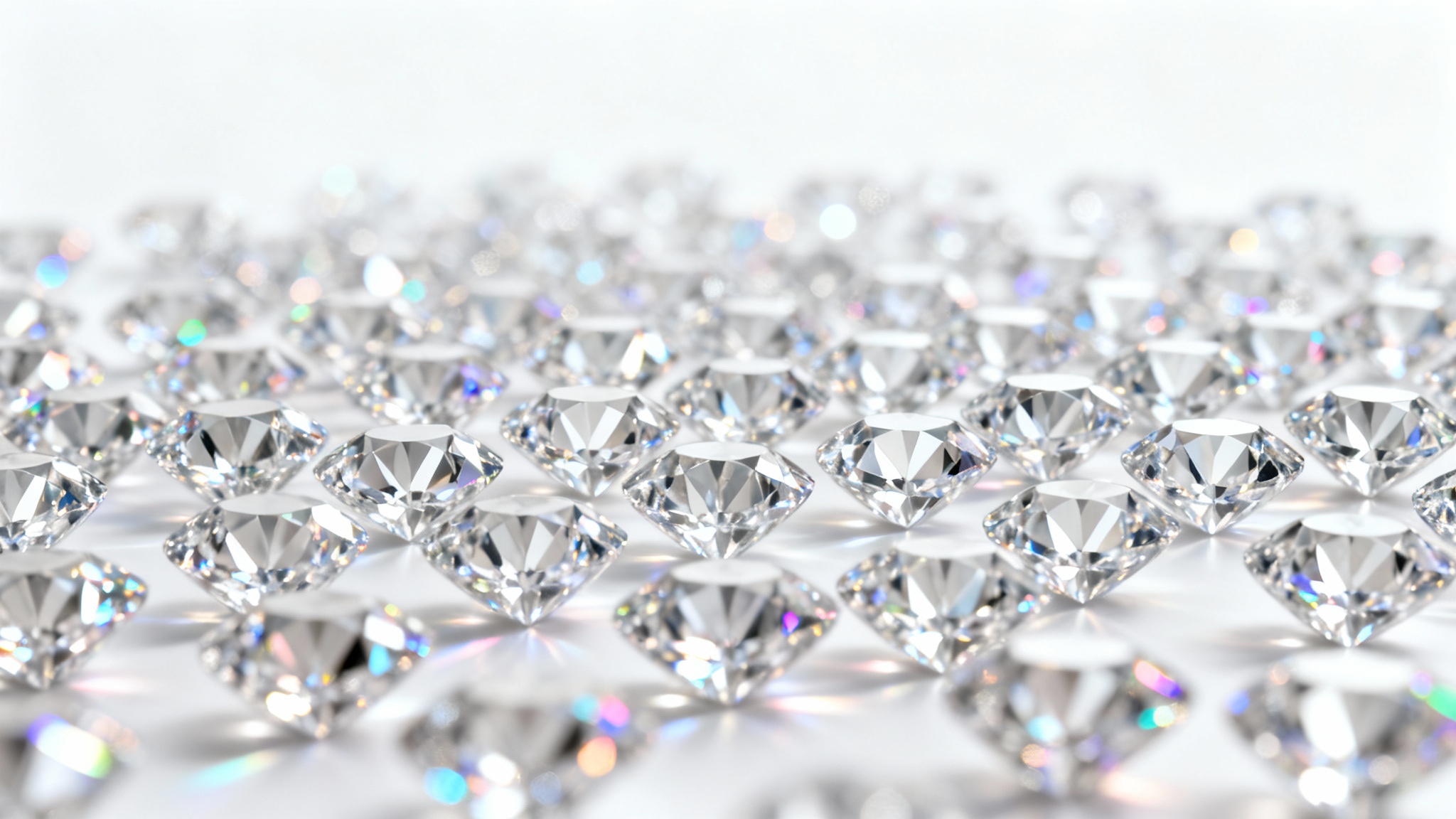 A luxurious, abstract background showing a close-up macro view of a geometric pattern of sparkling diamonds with iridescent light reflections.