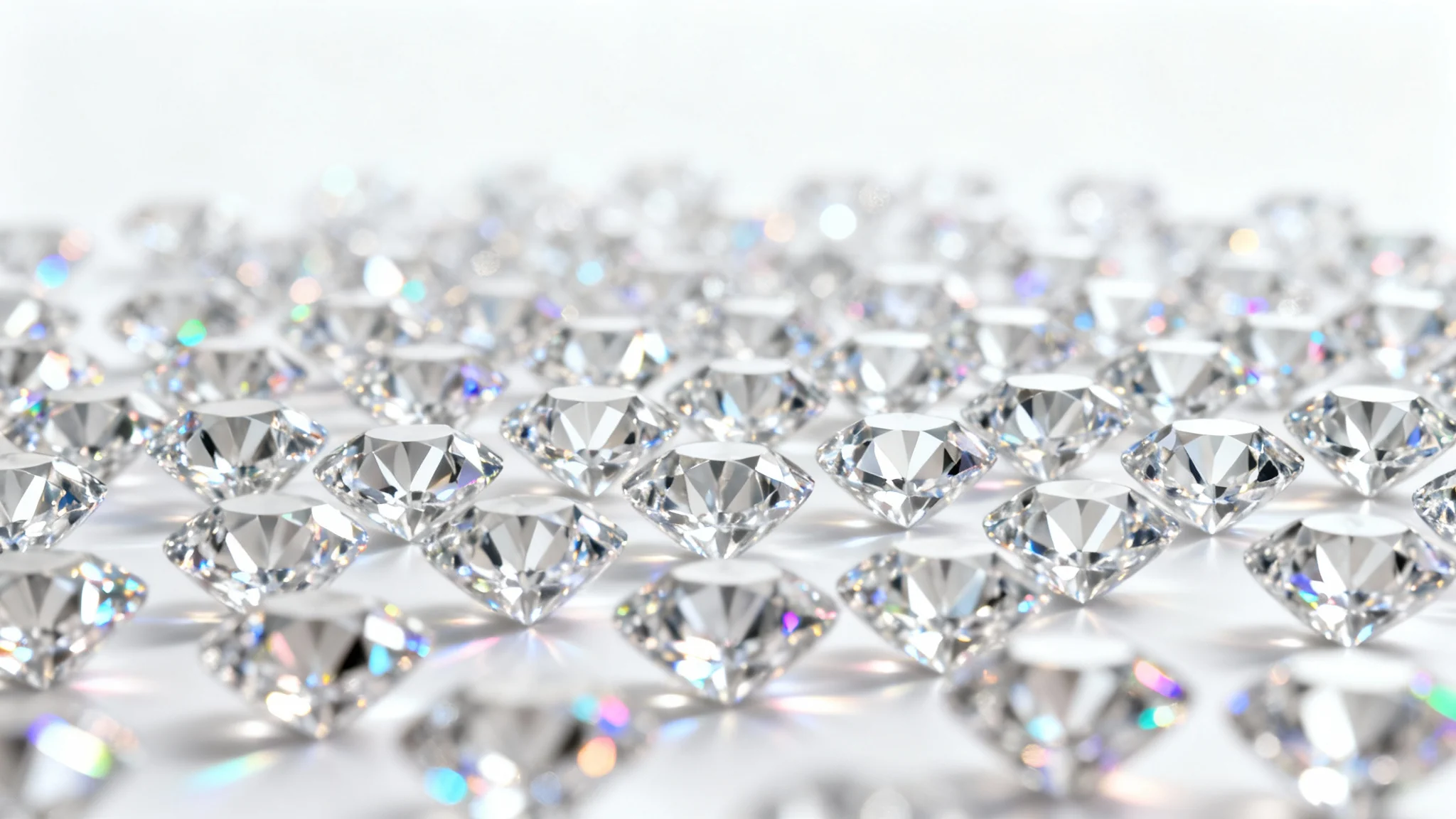 A luxurious, abstract background showing a close-up macro view of a geometric pattern of sparkling diamonds with iridescent light reflections.