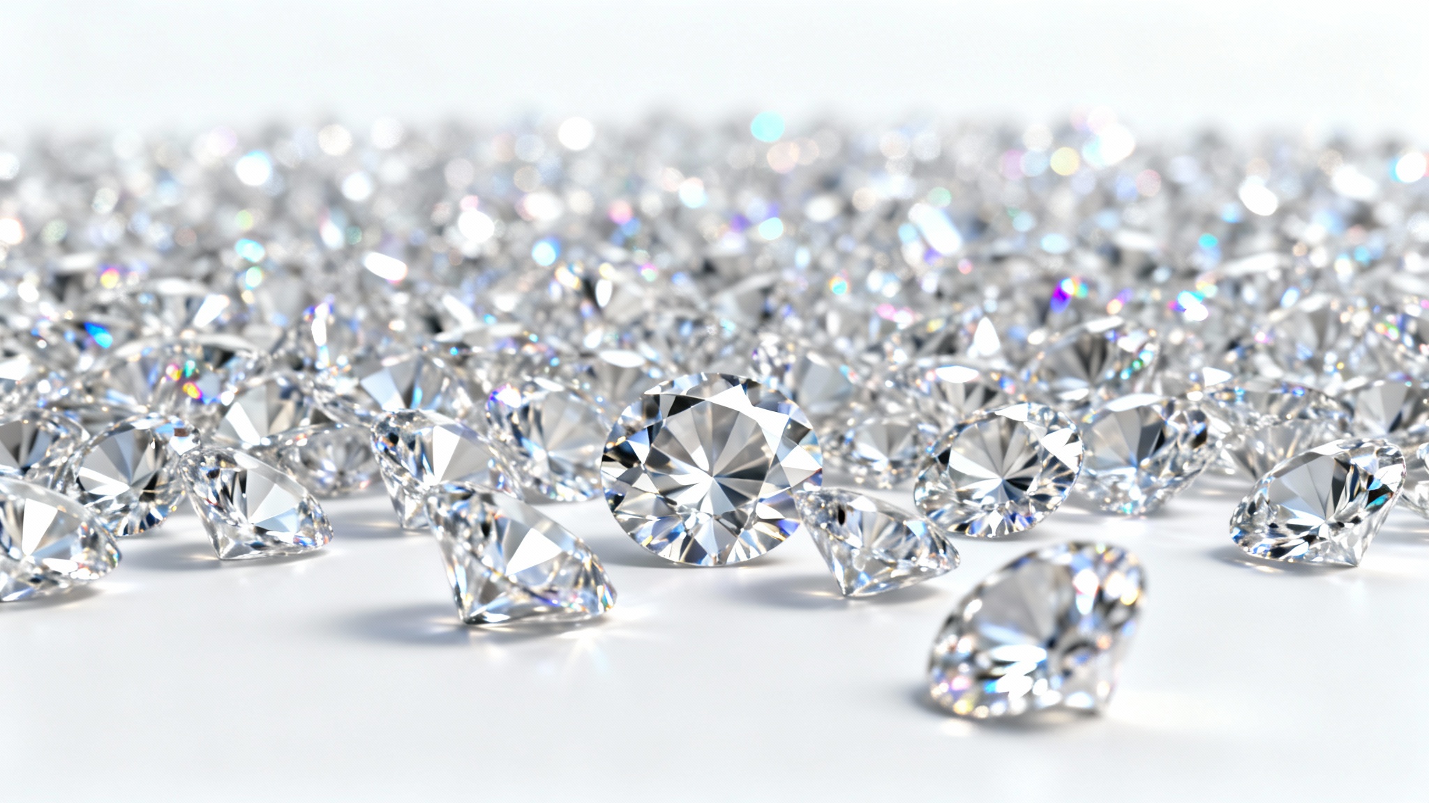 A close-up macro image of a luxurious background made of sparkling, brilliant-cut diamonds with a shallow depth of field, creating a sophisticated and elegant pattern.