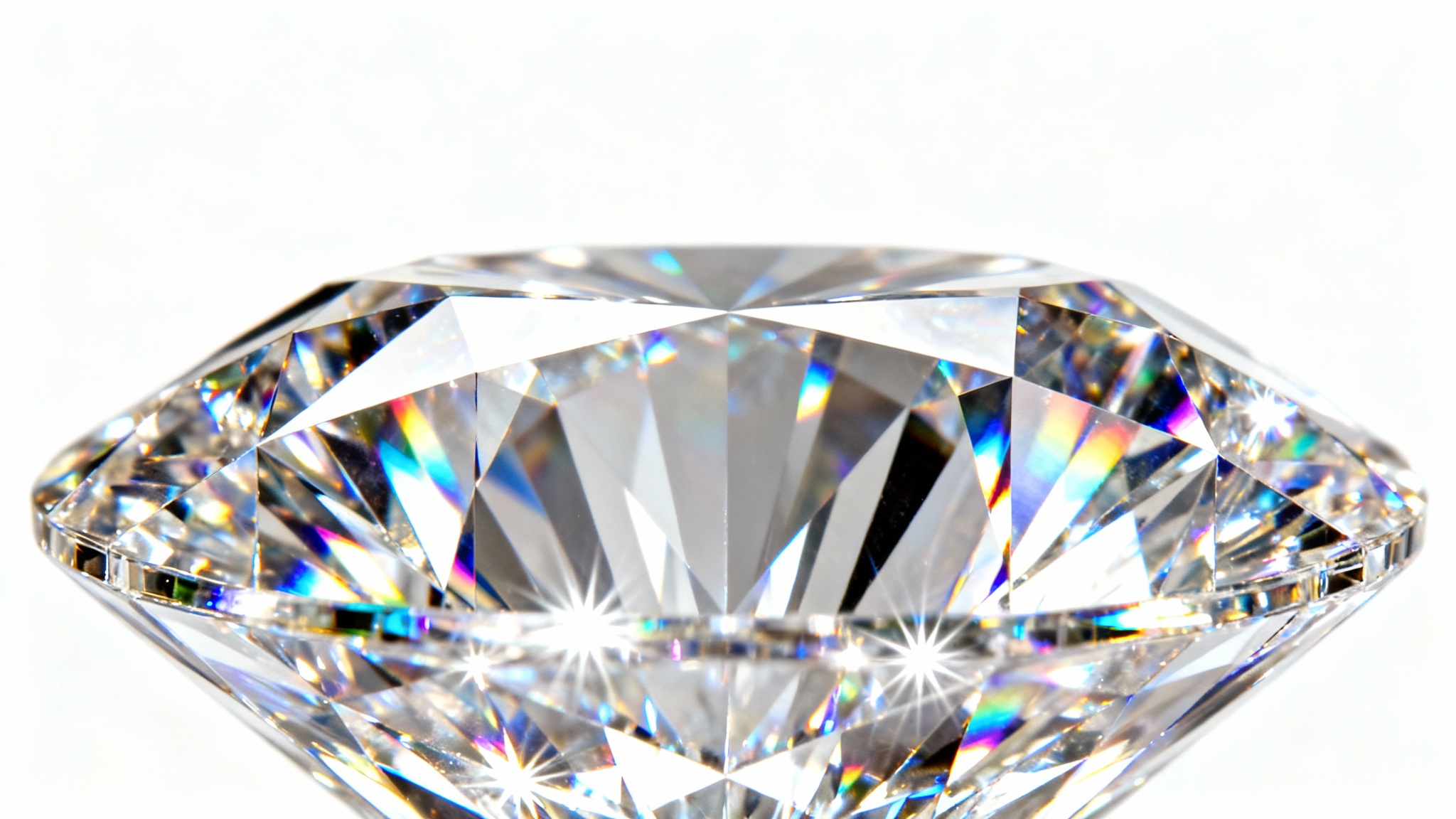 An elegant, close-up macro shot of a sparkling diamond, its geometric facets reflecting a rainbow of colors against a pristine white background.