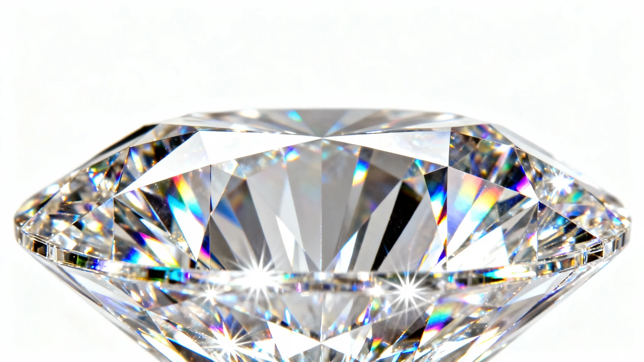 An elegant, close-up macro shot of a sparkling diamond, its geometric facets reflecting a rainbow of colors against a pristine white background.