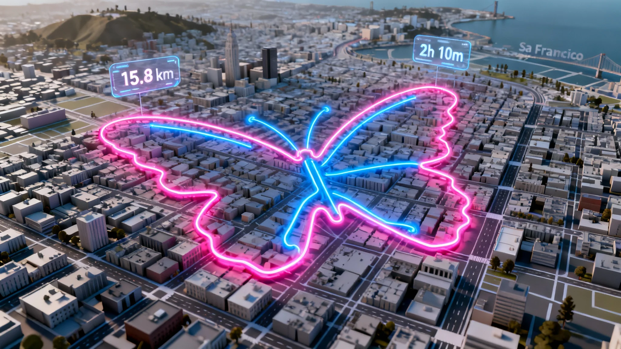 A glowing neon pink and blue line in the shape of a large, intricate butterfly is overlaid on a 3D map of a city, representing a creative running route turned into GPS art.