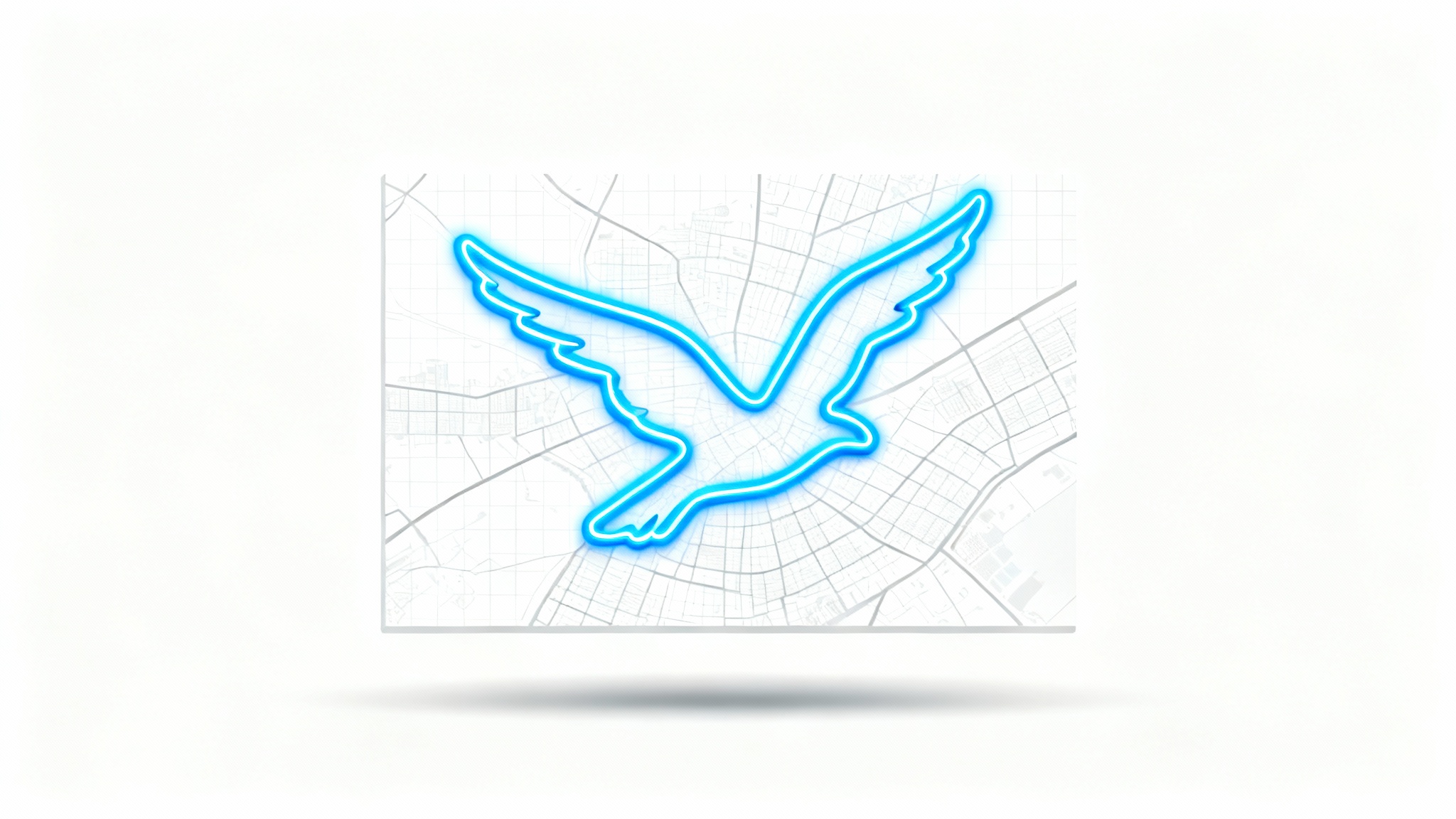 A modern mockup of GPS art on a white background, featuring a stylized city map where a glowing blue line tracks a route in the shape of a bird in flight.