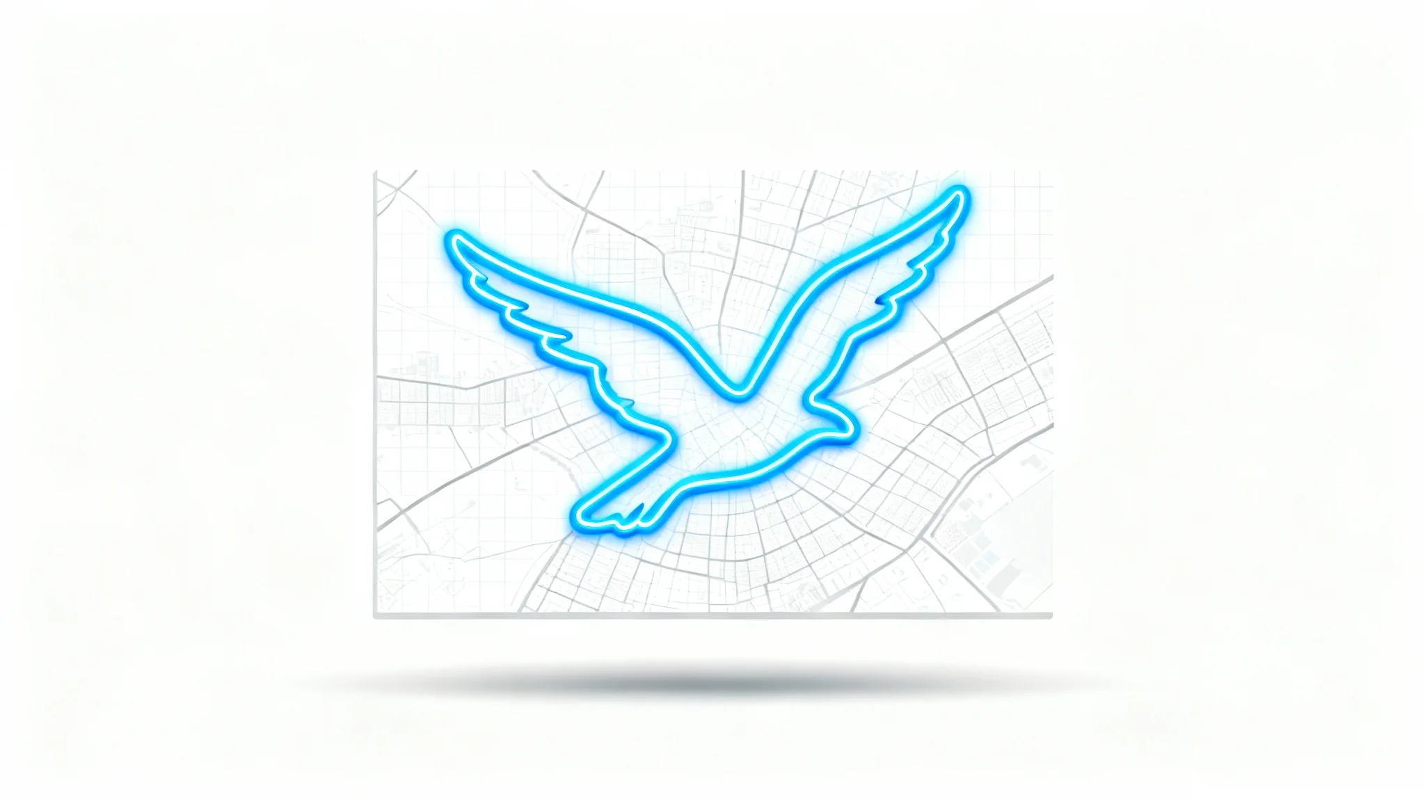 A modern mockup of GPS art on a white background, featuring a stylized city map where a glowing blue line tracks a route in the shape of a bird in flight.