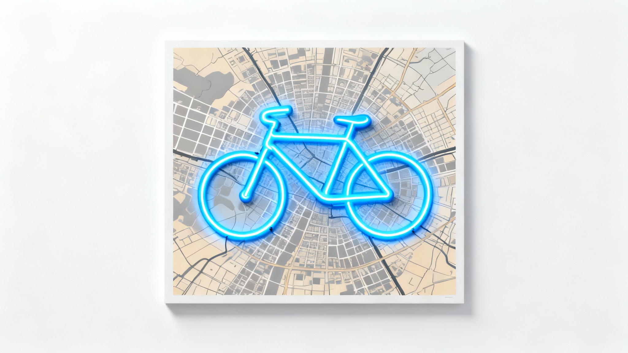 A graphic illustration of GPS art showing a minimalist city map with a glowing blue line tracing a path in the distinct shape of a bicycle, on a clean white background.
