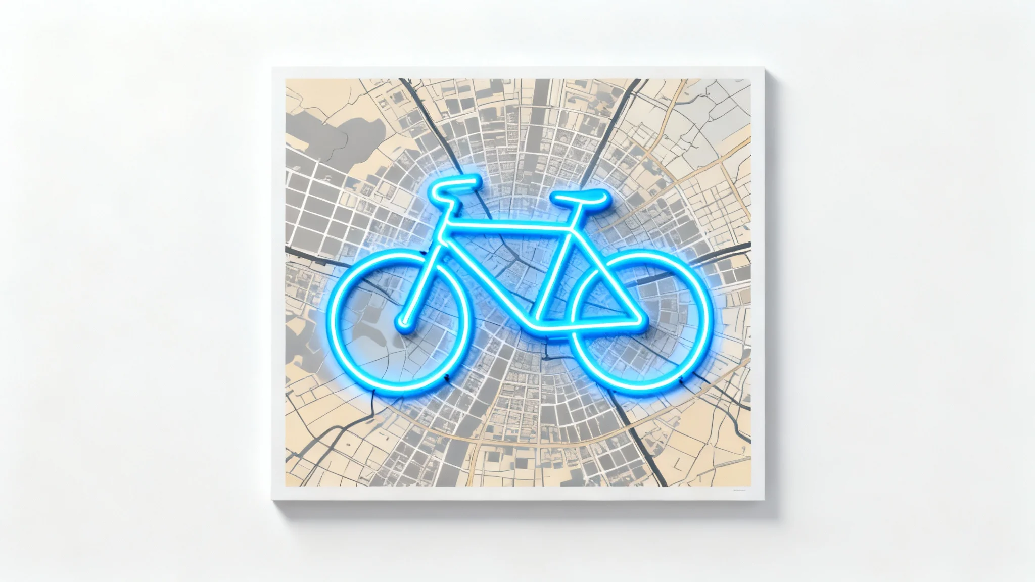 A graphic illustration of GPS art showing a minimalist city map with a glowing blue line tracing a path in the distinct shape of a bicycle, on a clean white background.
