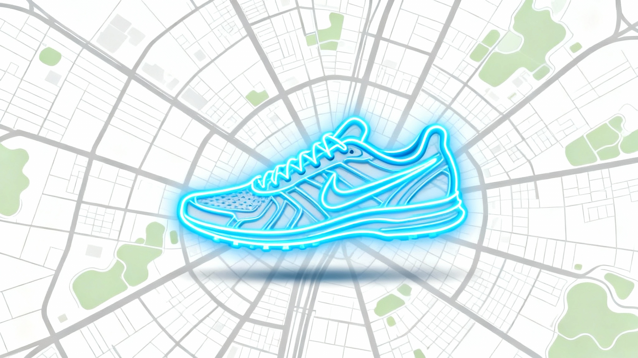 A stylized overhead view of a city map on a white background, featuring a bright blue GPS track line that draws the shape of a running shoe.