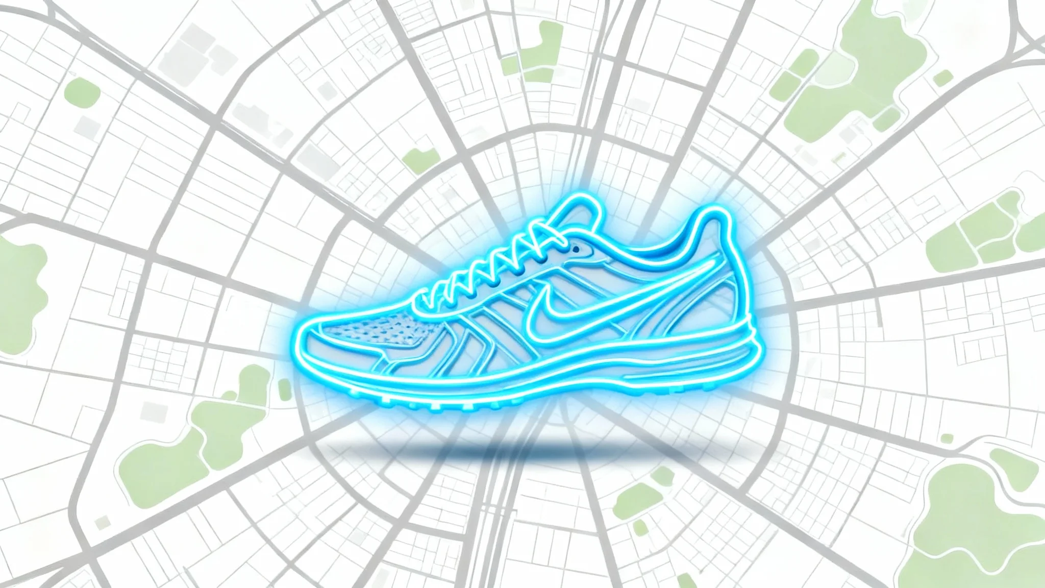 A stylized overhead view of a city map on a white background, featuring a bright blue GPS track line that draws the shape of a running shoe.