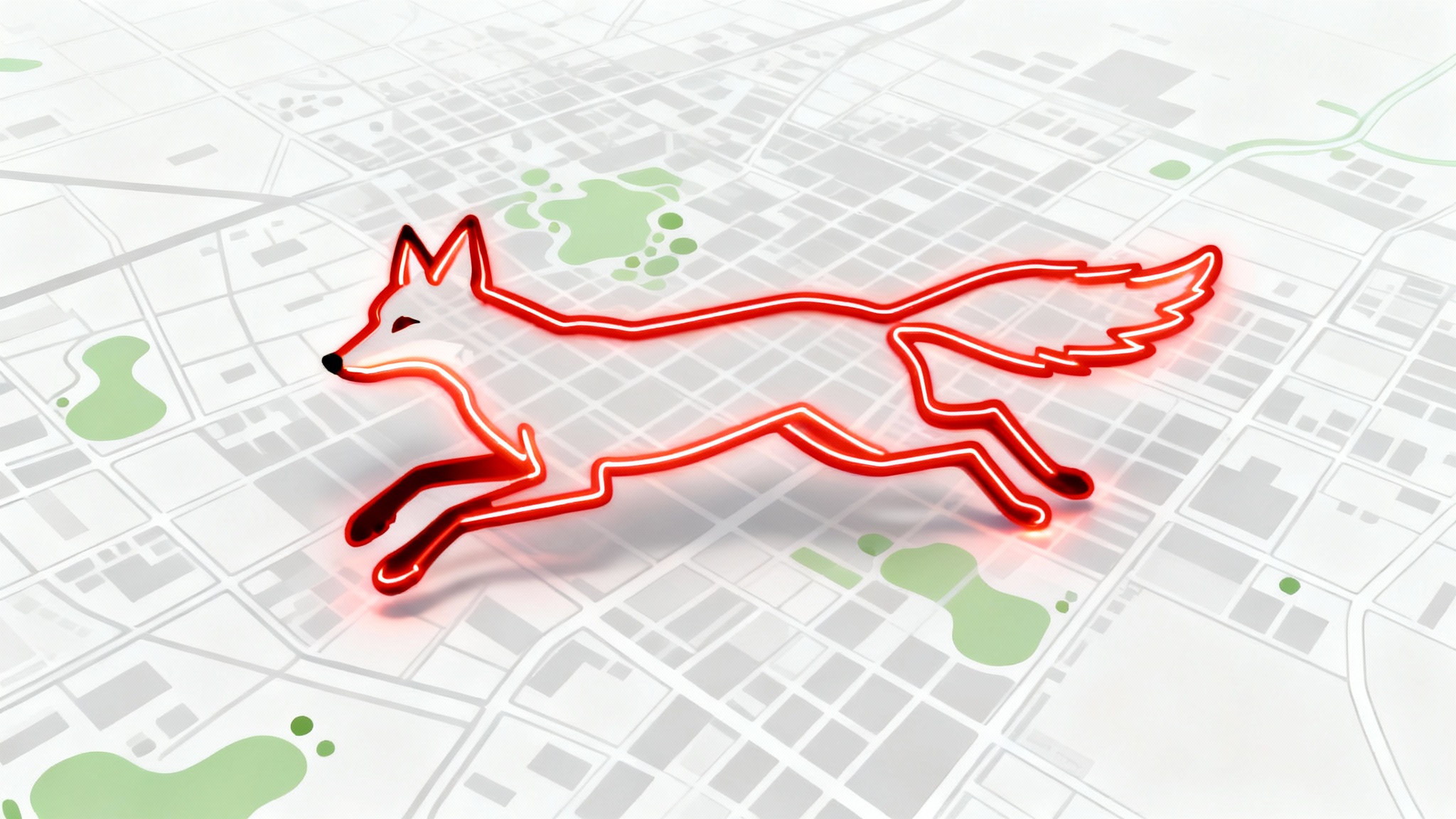 A minimalist, top-down view of a city map where a red GPS route has been tracked to create the shape of a running fox, demonstrating the concept of GPS art.
