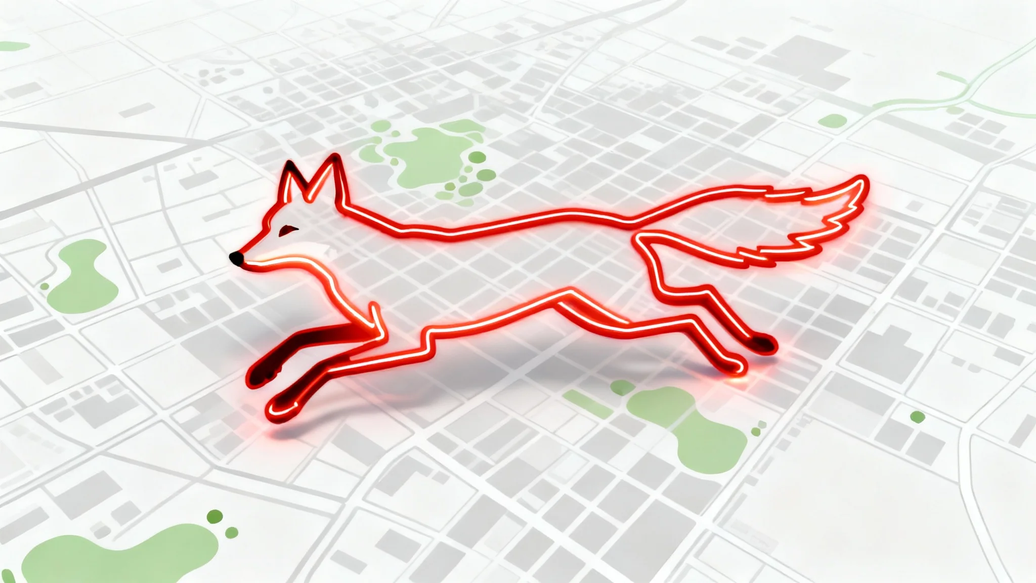 A minimalist, top-down view of a city map where a red GPS route has been tracked to create the shape of a running fox, demonstrating the concept of GPS art.