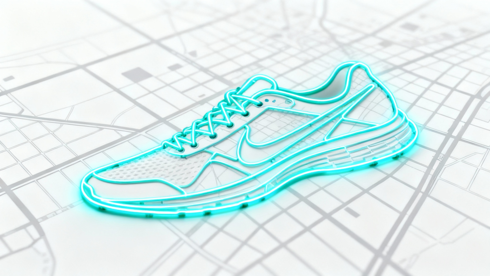 A top-down view of GPS art showing the path of a running shoe traced in a bright cyan line over a minimalist gray city map on a white background.