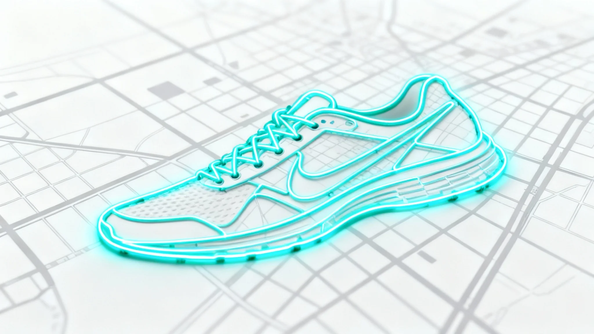 A top-down view of GPS art showing the path of a running shoe traced in a bright cyan line over a minimalist gray city map on a white background.