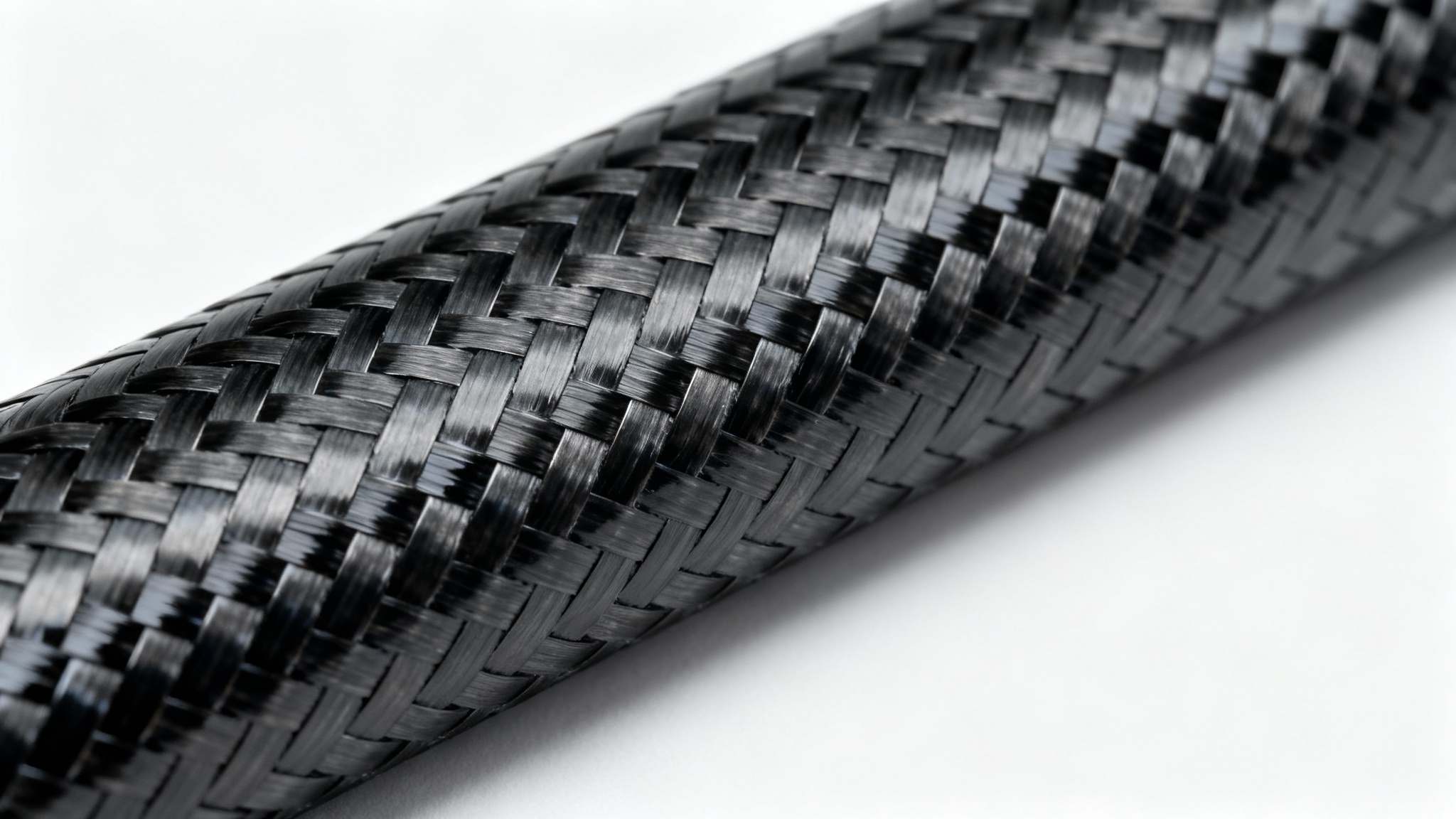 A detailed macro shot of a black carbon fiber texture with a glossy finish, showcasing its intricate woven pattern against a clean white background.