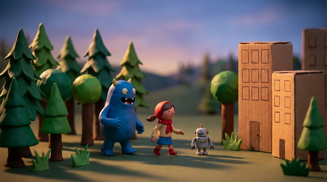 A polished, cinematic still frame from a stop motion animation, showing detailed clay figures in a miniature setting with dramatic, professional lighting. The final result is clean and high-quality.