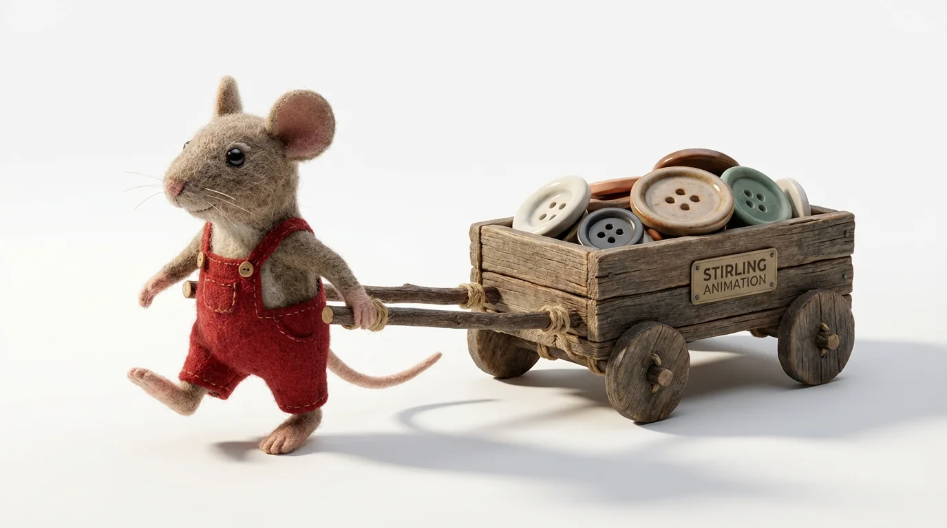 A handcrafted felt mouse in red overalls pulling a tiny wooden wagon of buttons, depicted in a stop motion animation style against a stark white background.