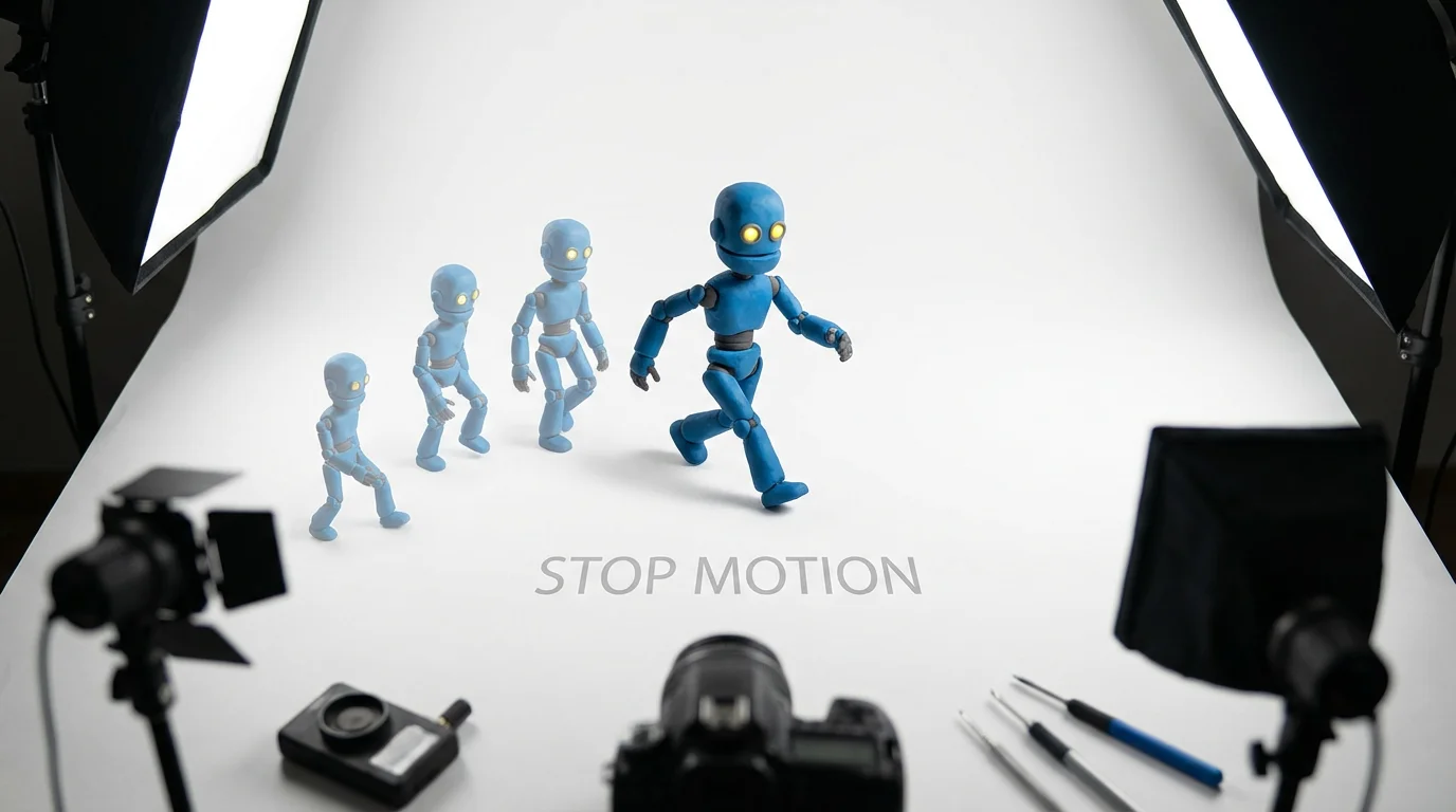 A photorealistic mockup illustrating stop motion, featuring a small blue clay robot captured mid-stride on a white background, with a faint trail of its previous poses showing the illusion of movement.