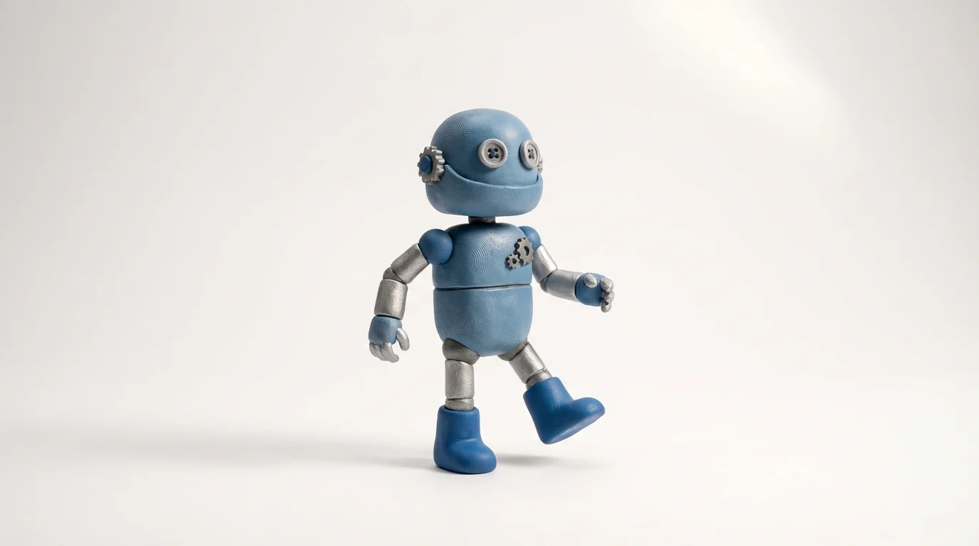 A charming claymation robot made of blue and silver clay is shown mid-stride, illustrating the art of stop motion animation against a clean white background.