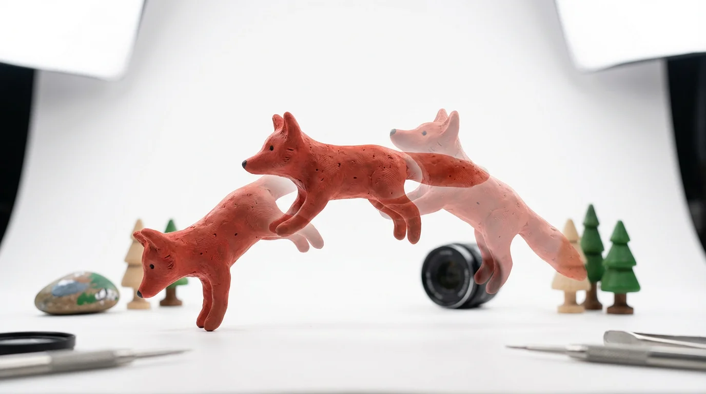 A vibrant mockup illustrating stop motion animation, showing a clay fox in three sequential positions mid-jump against a clean white background.