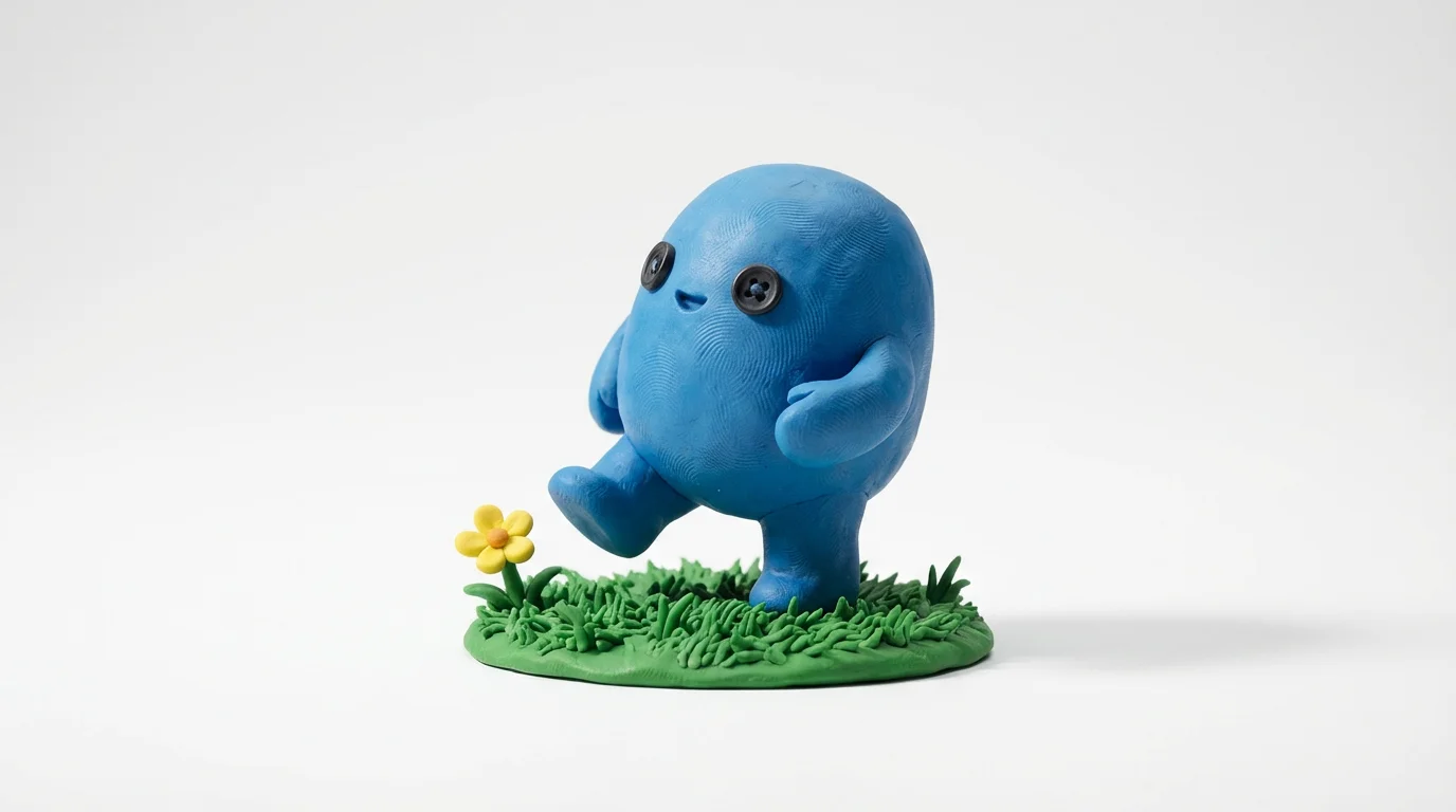 A macro photograph of a stop motion scene featuring a small blue clay character taking a step on a patch of clay grass, set against a stark white background.
