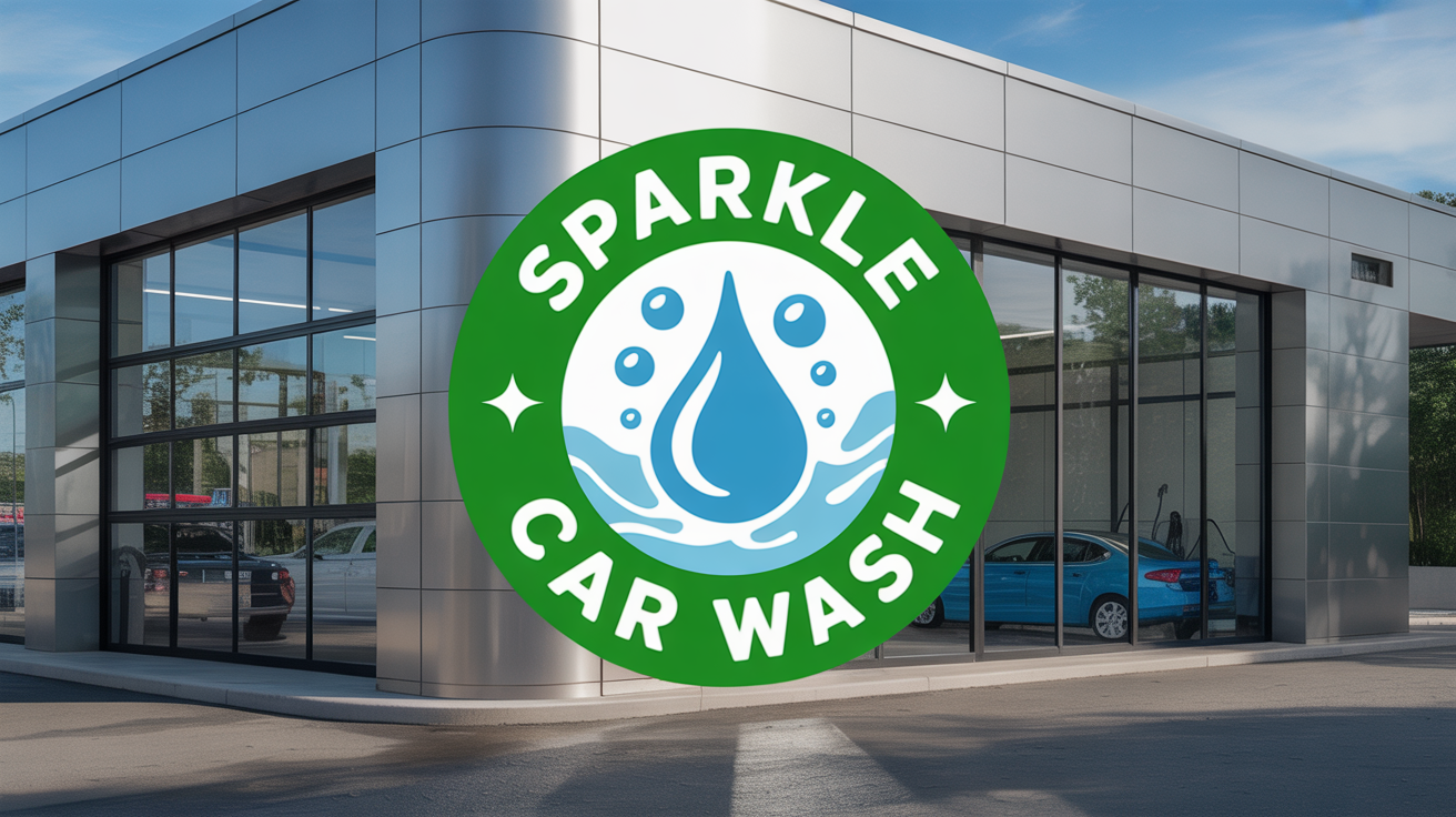 A professionally designed circular logo for 'SPARKLE CAR WASH' shown on a modern storefront sign.