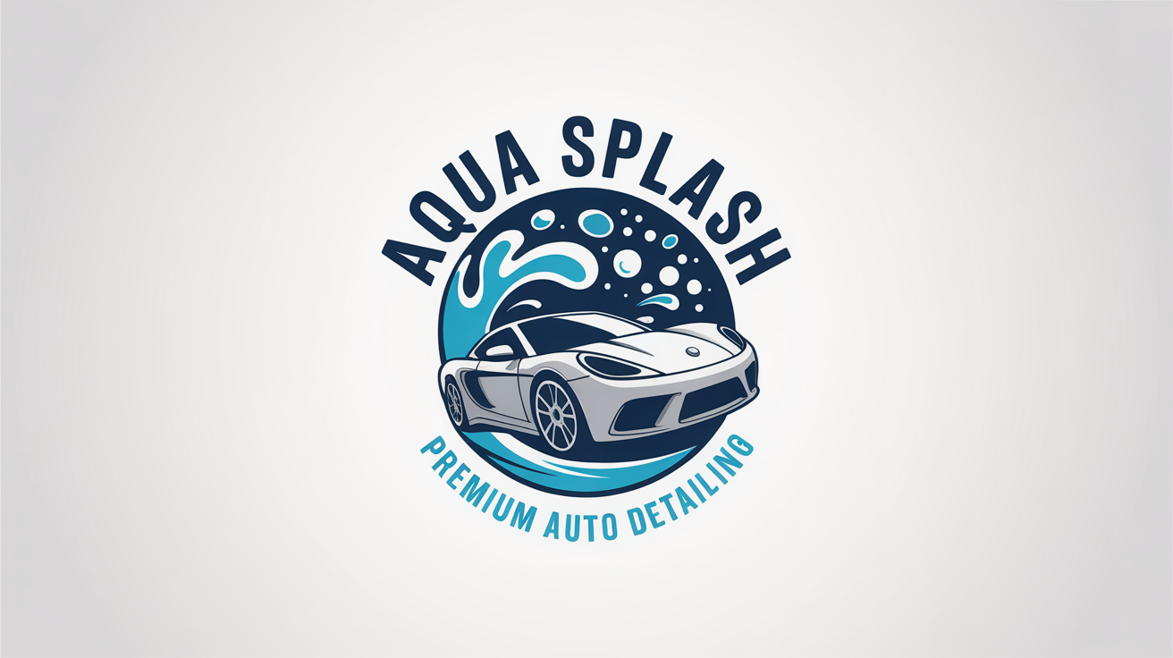 A modern, circular car wash logo for 'Aqua Splash Premium Auto Detailing', featuring a silver sports car silhouette surrounded by blue water splashes and bubbles, all on a crisp white background.