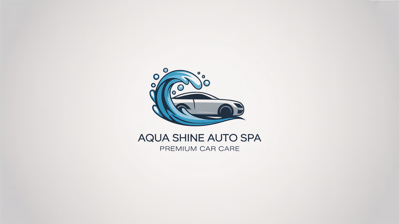 A modern logo for 'Aqua Shine Auto Spa', featuring a silver car silhouette, a blue water wave, and soap bubbles, presented as a professional mockup on a white background.