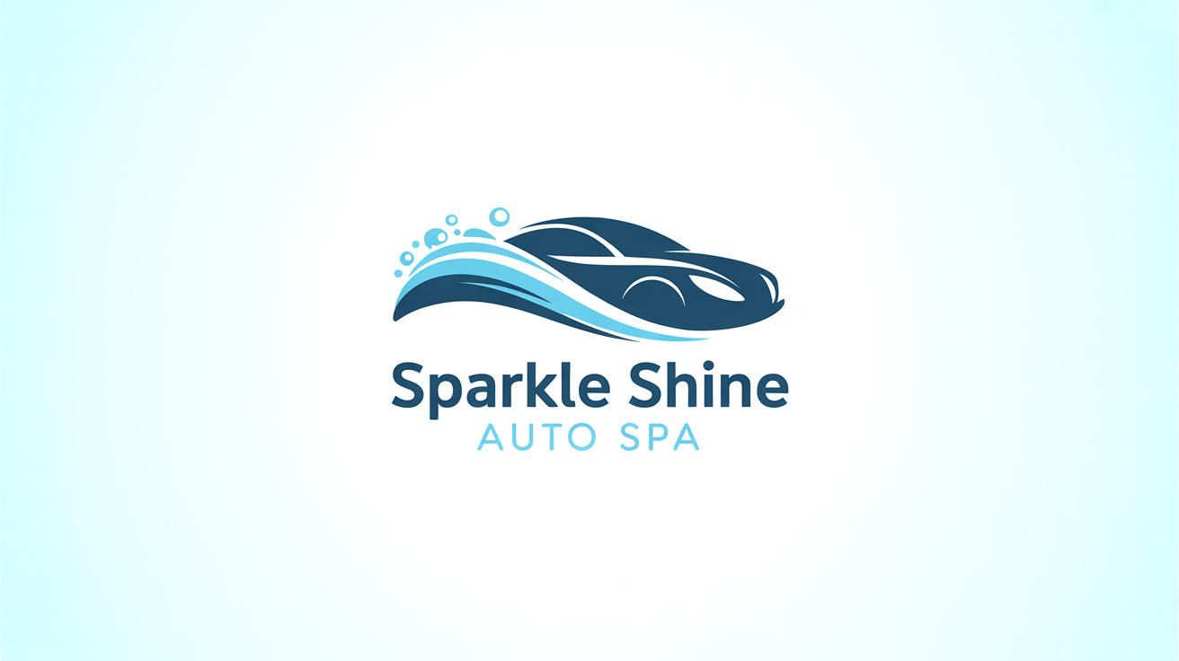 A modern car wash logo mockup for a brand named 'Sparkle Shine Auto Spa'. The logo features a stylized car with a blue water wave and bubbles, presented on a clean white background.