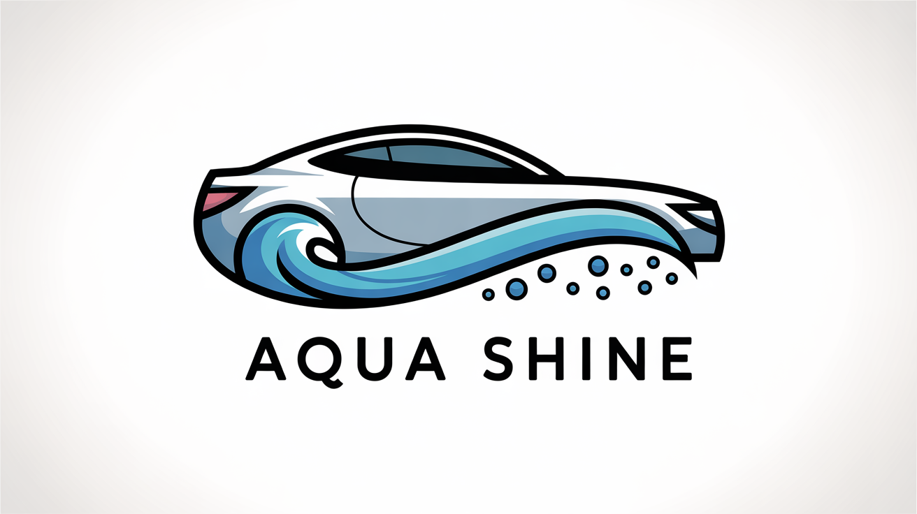 A modern and minimalist car wash logo for 'Aqua Shine', featuring a sleek car silhouette with a blue wave and bubbles, on a white background.