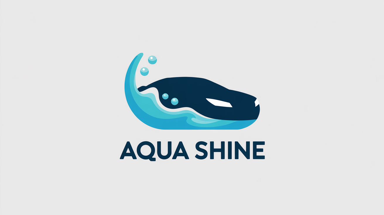A modern car wash logo for a brand called 'Aqua Shine', featuring a blue car silhouette and a turquoise water splash on a white background.