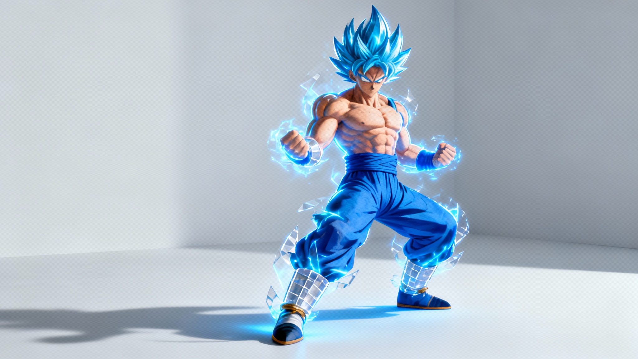 A high-quality image of Goku in Super Saiyan Blue form, perfectly cut out from his background and placed on a clean gray backdrop, demonstrating the final result of a transparent PNG.