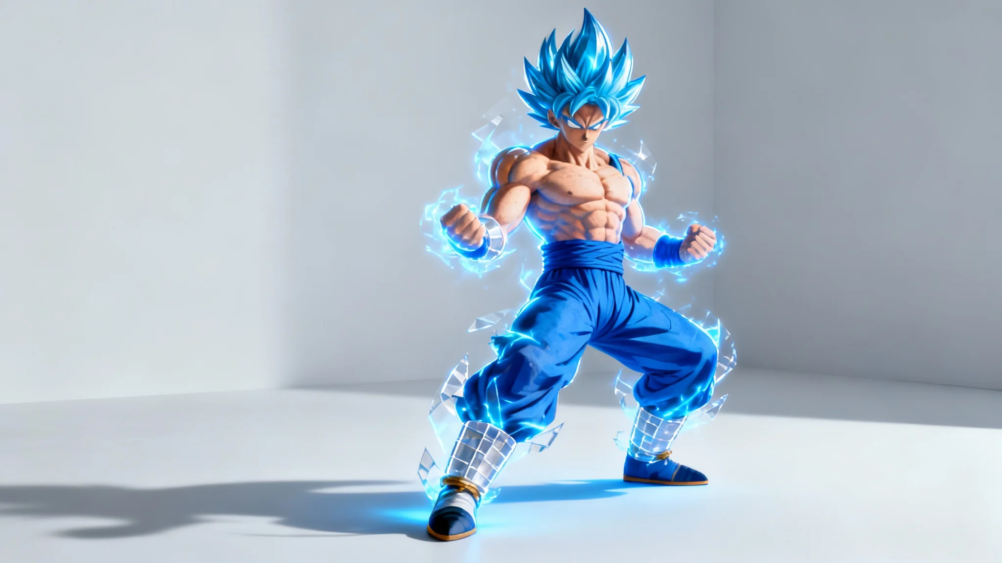 A high-quality image of Goku in Super Saiyan Blue form, perfectly cut out from his background and placed on a clean gray backdrop, demonstrating the final result of a transparent PNG.