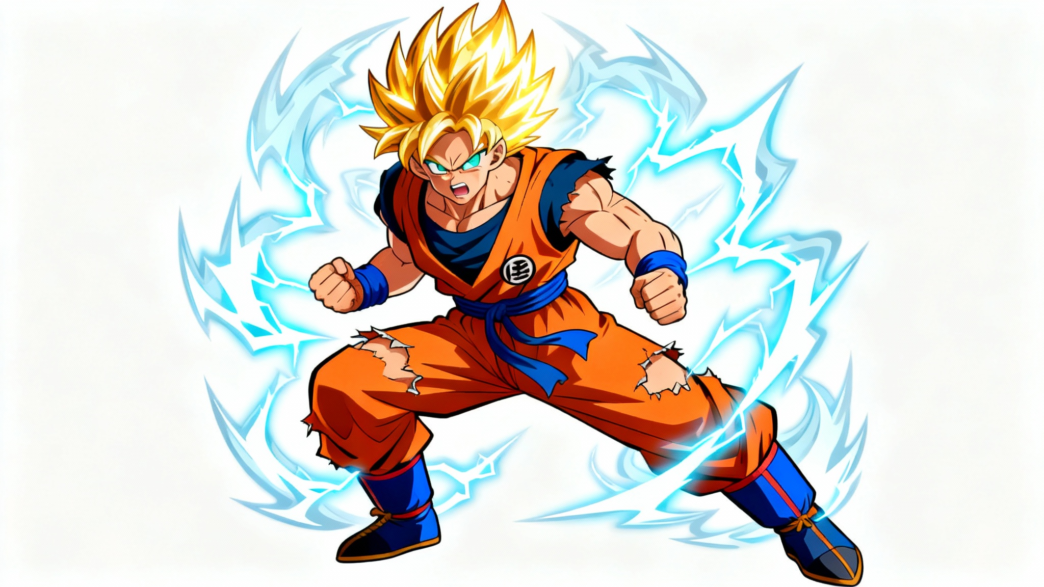 A high-quality digital illustration of Goku in his Super Saiyan form, posing dynamically with a powerful energy aura against a solid white background, designed to look like a transparent PNG.