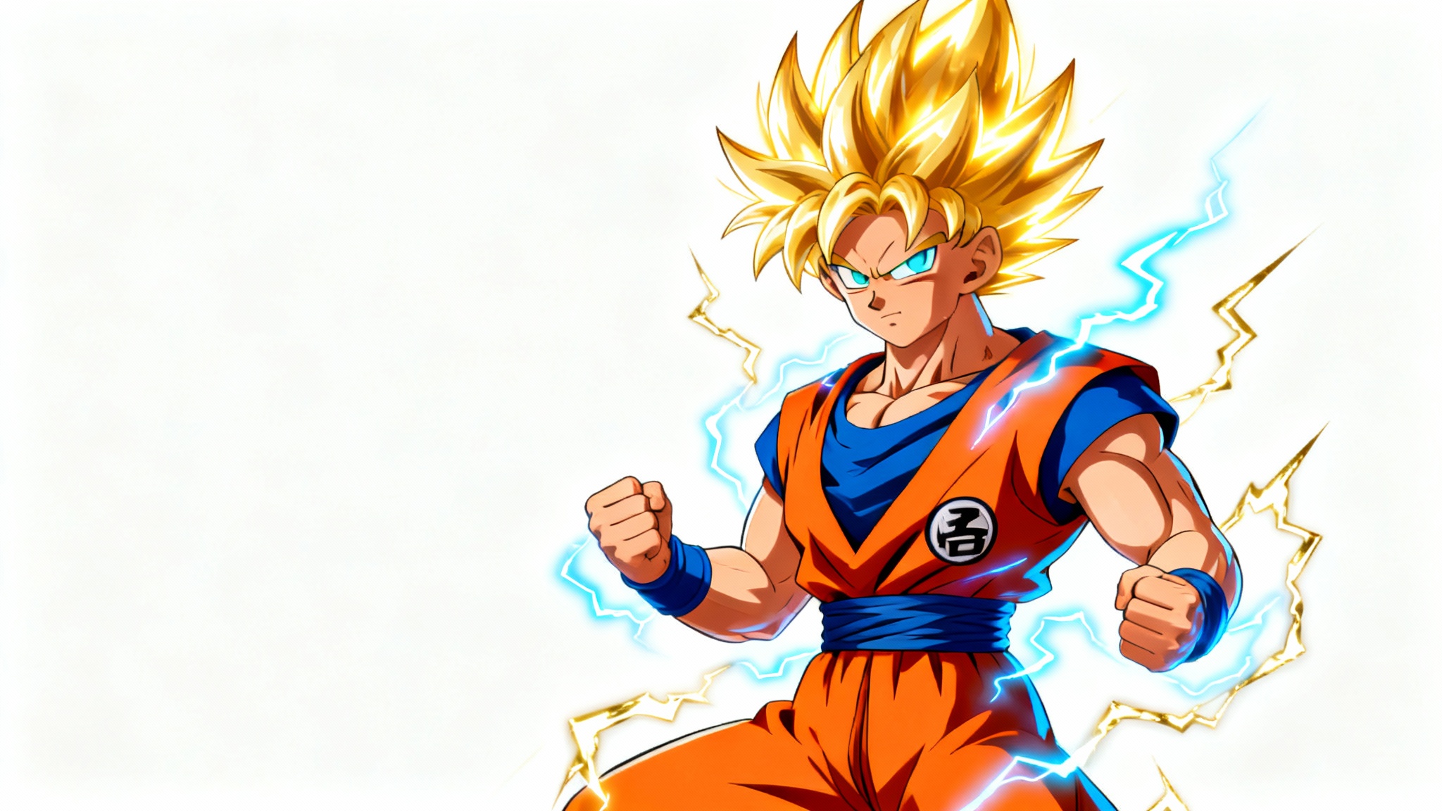 A full-body image of the anime character Goku in his Super Saiyan form, isolated against a stark white background to give the impression of a transparent PNG.