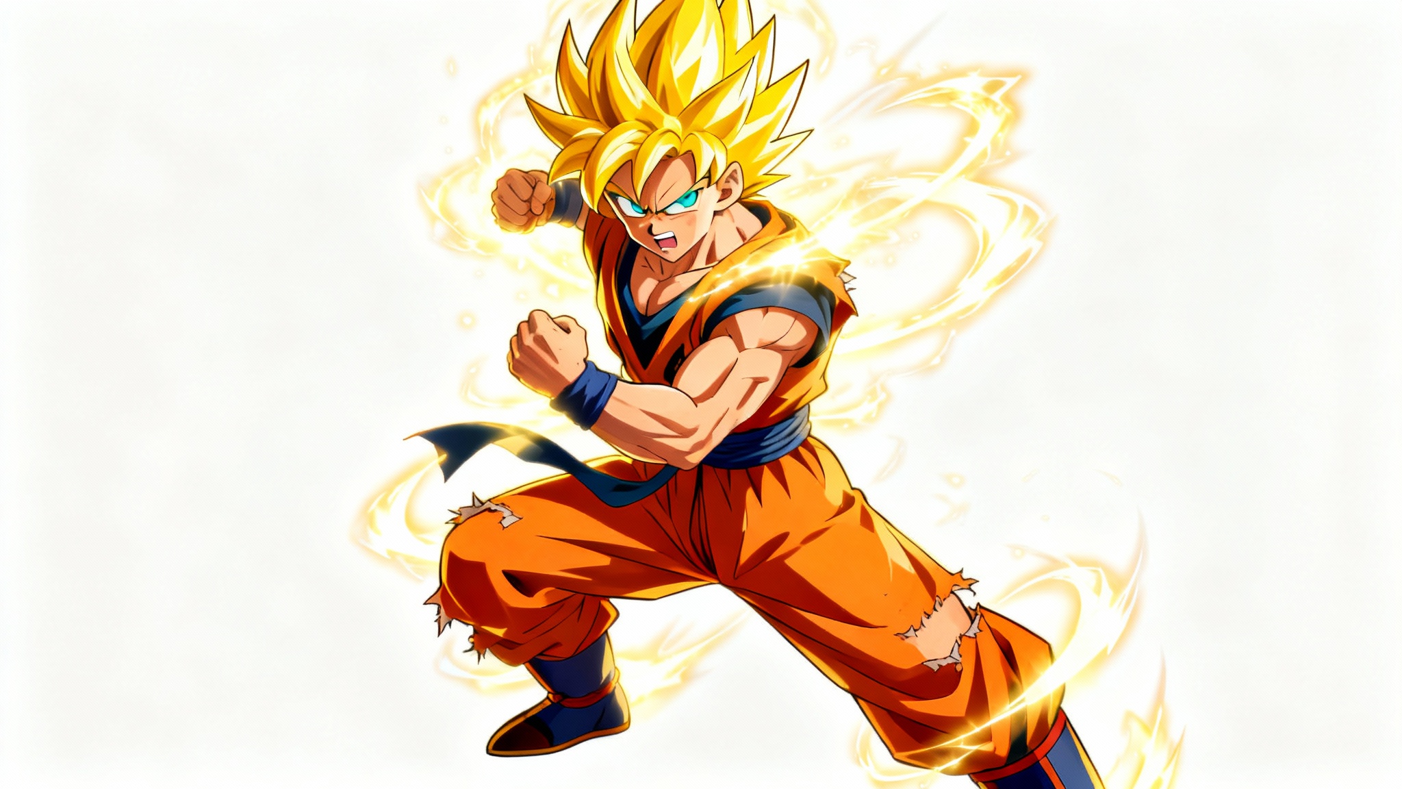A full-body digital illustration of Goku in his Super Saiyan form, powering up against a clean white background. He has golden hair, a torn orange gi, and is surrounded by a glowing yellow aura.