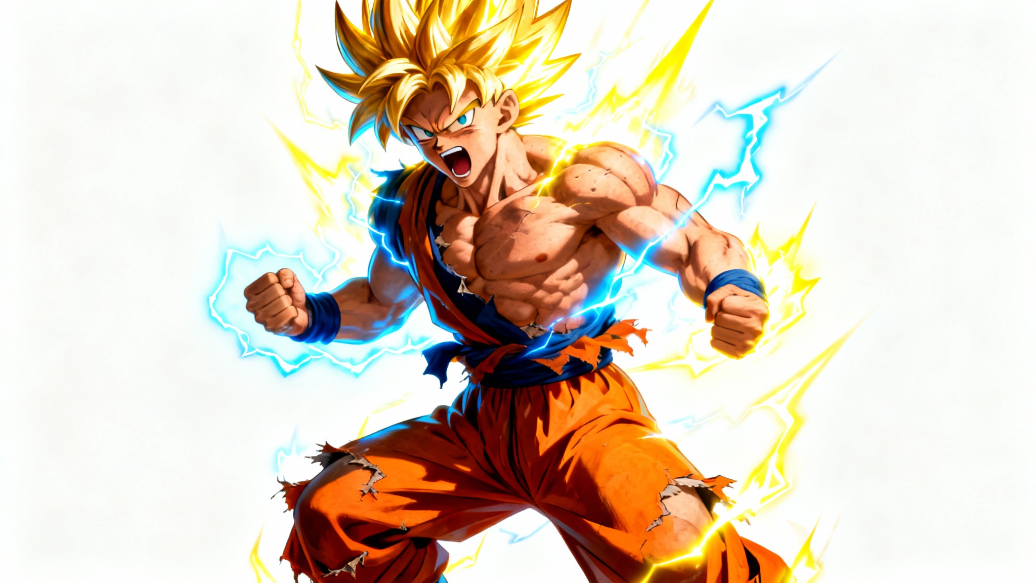 A hyper-detailed digital illustration of Super Saiyan Goku from Dragon Ball, powering up with a vibrant energy aura against a clean white background.