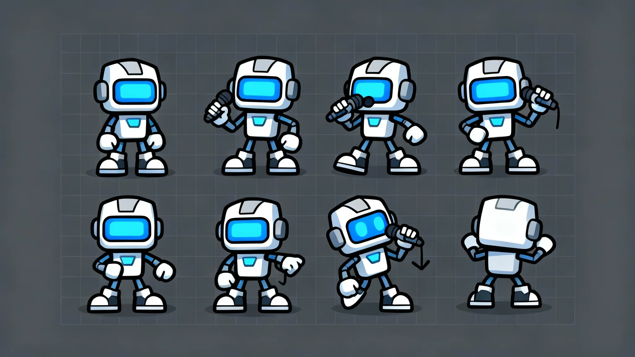 A finished FNF sprite sheet for a custom robot character, laid out in a grid with various singing and idle poses, ready to be used in the game.
